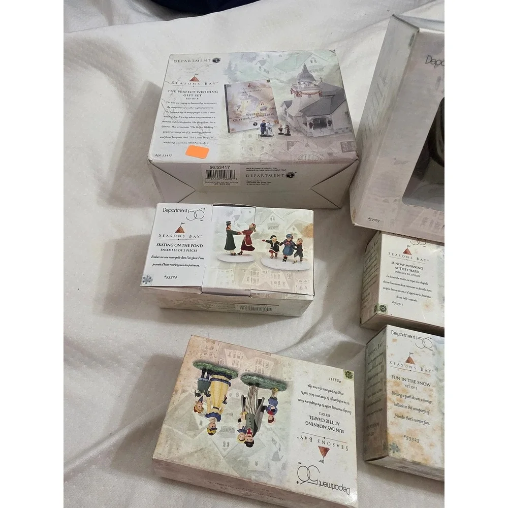 Dept 56 Seasons Bay Village Lot Wedding Skating Sunday Morning Fun Snow Trees ×5